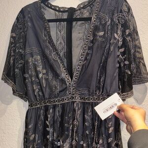 Trendy Black and Silver Embroidered Romper